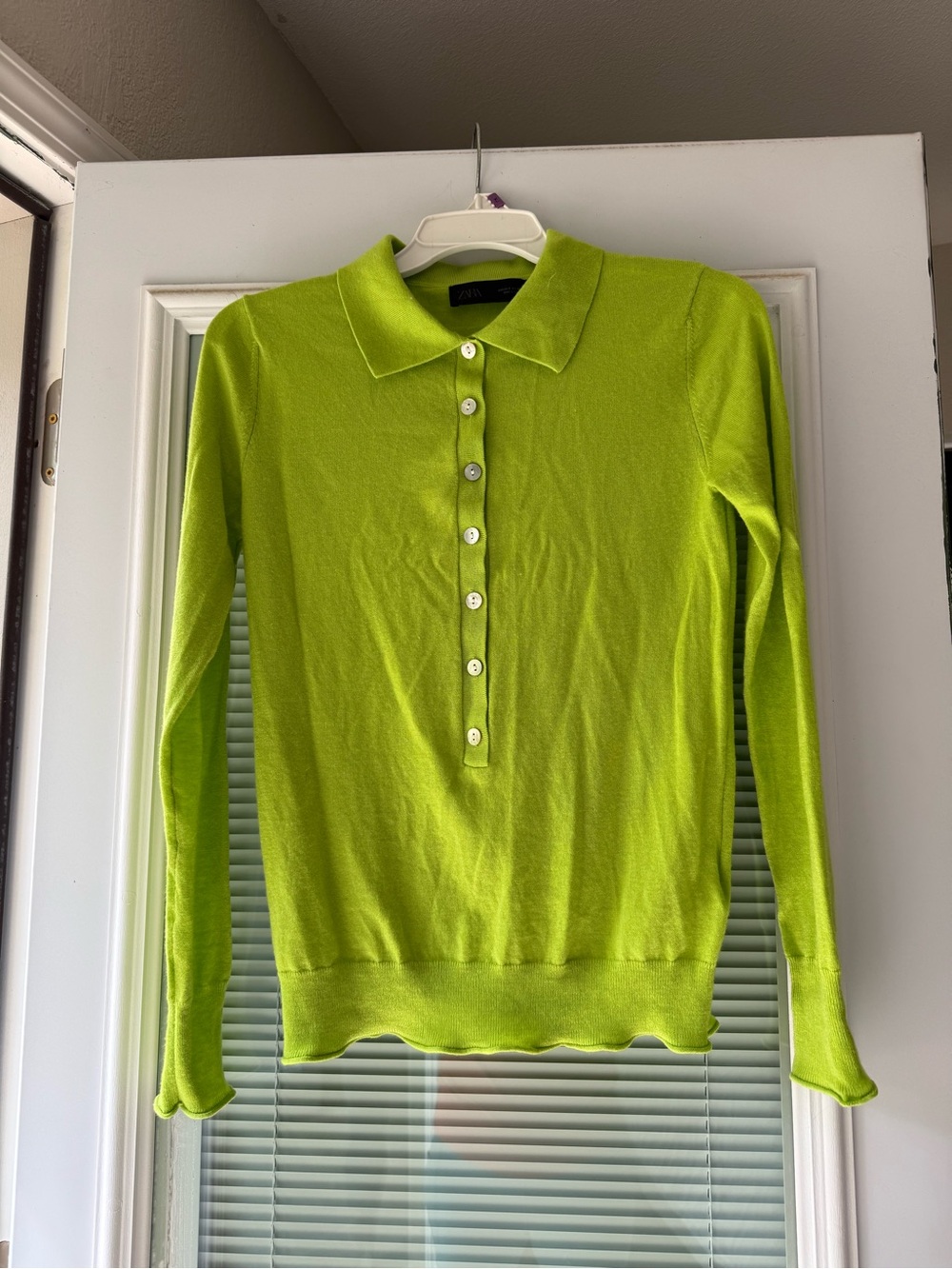 Zara Bright Lime Green Long-Sleeve Polo Knit Top